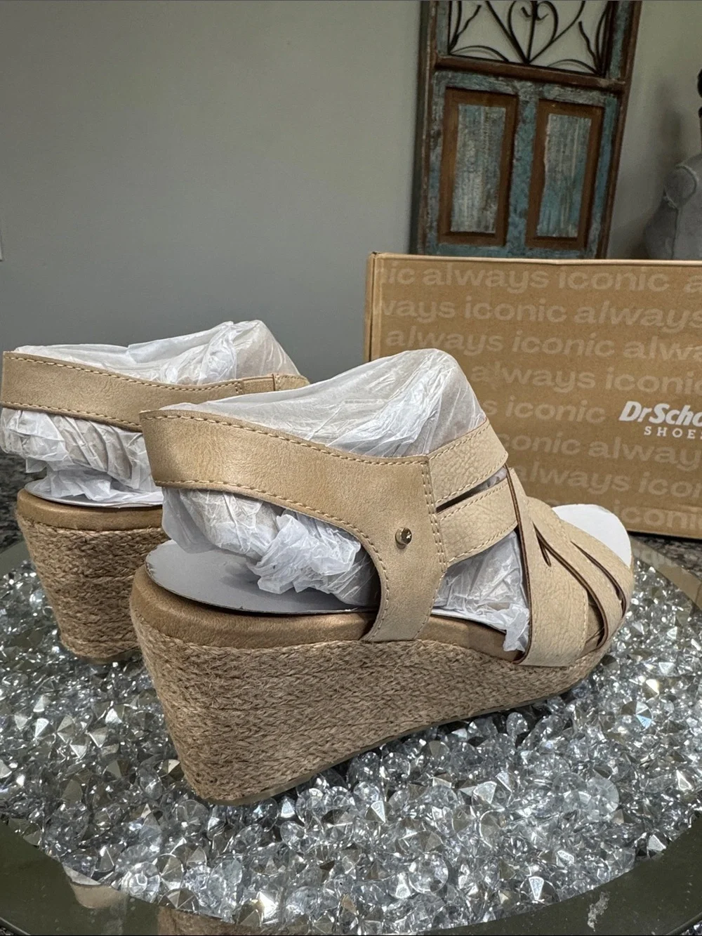 Dr. Scholl's Everlasting leather tan Woven Espadrille Wedge Sandals NEW 8